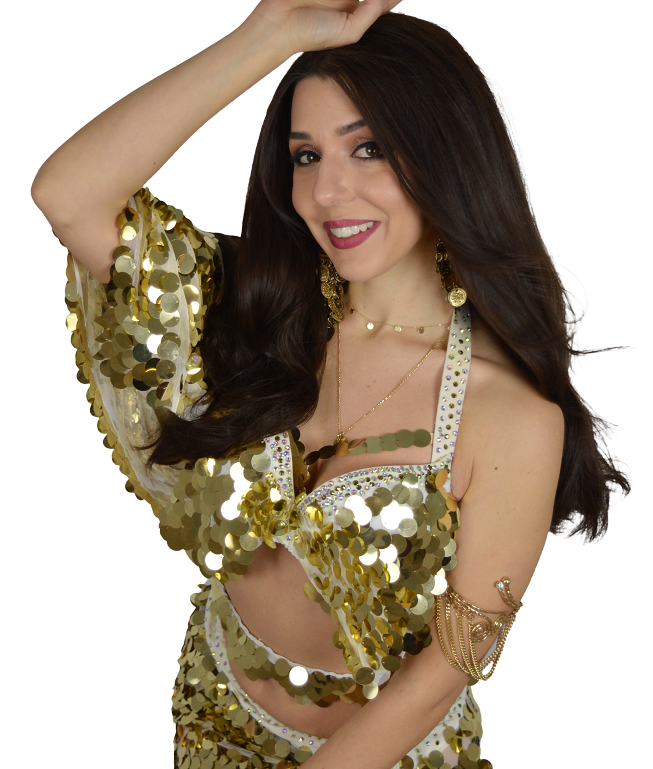 Leanna in a gold belly dancing outfit.